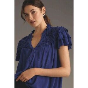 Anthropologie Maeve Ruffle Yoke short Sleeve Blouse Blue Petite Small Boho